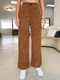 High Waist Corduroy Straight Leg Pants - brown