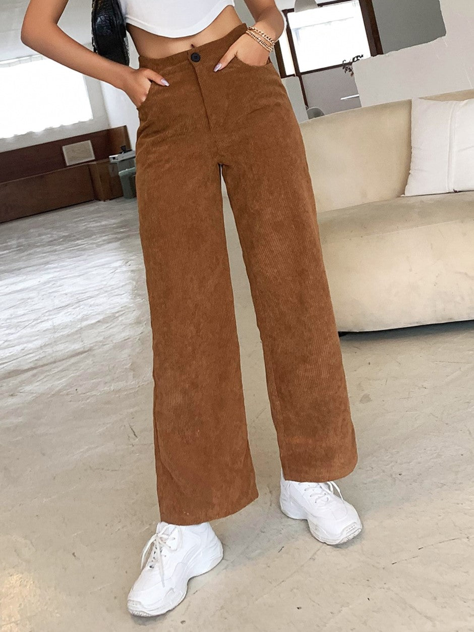 High Waist Corduroy Straight Leg Pants - brown - 1