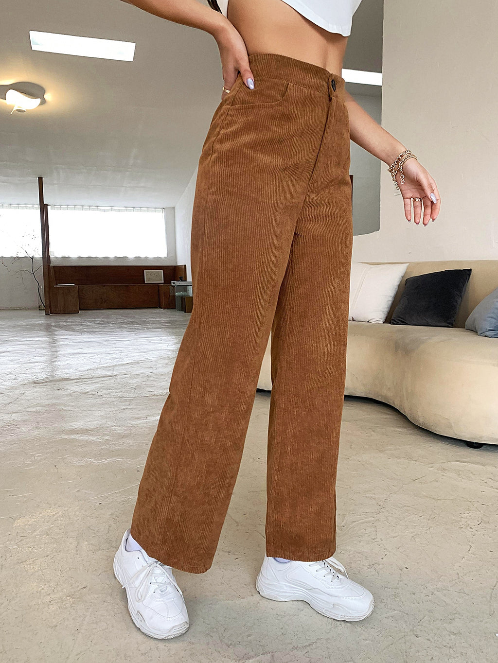 High Waist Corduroy Straight Leg Pants - brown - 2