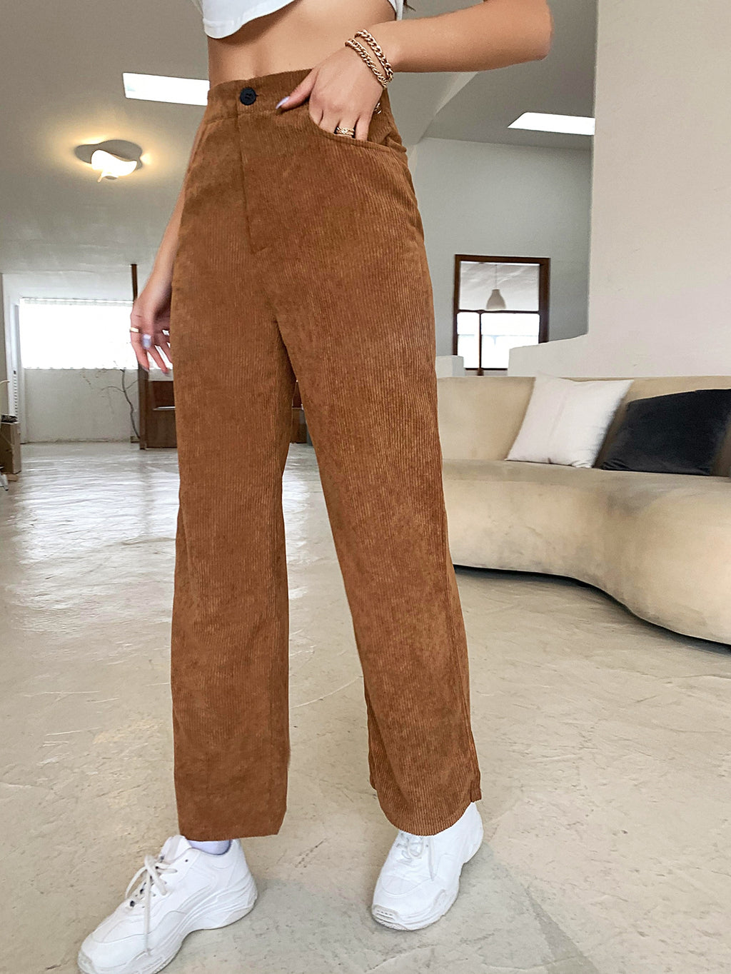 High Waist Corduroy Straight Leg Pants - brown - 3