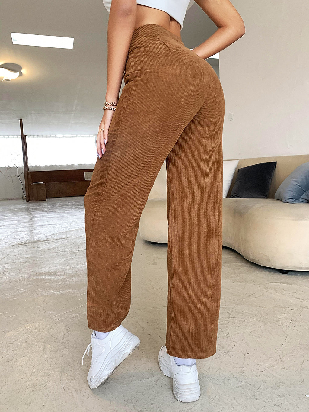High Waist Corduroy Straight Leg Pants - brown - 4