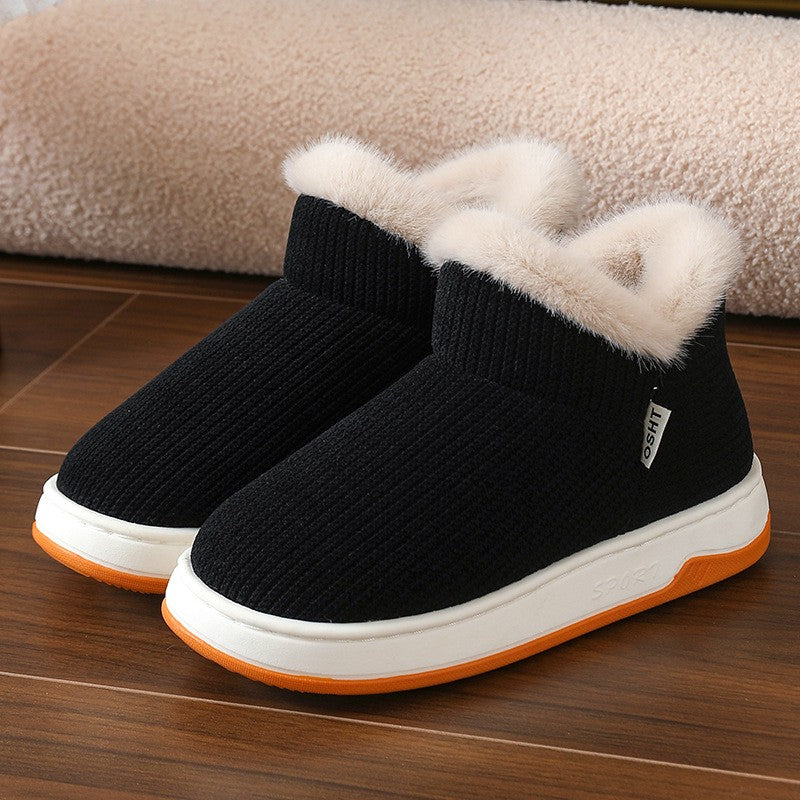 Faux Fur Cuff Knit Texture Slipper Booties - Black