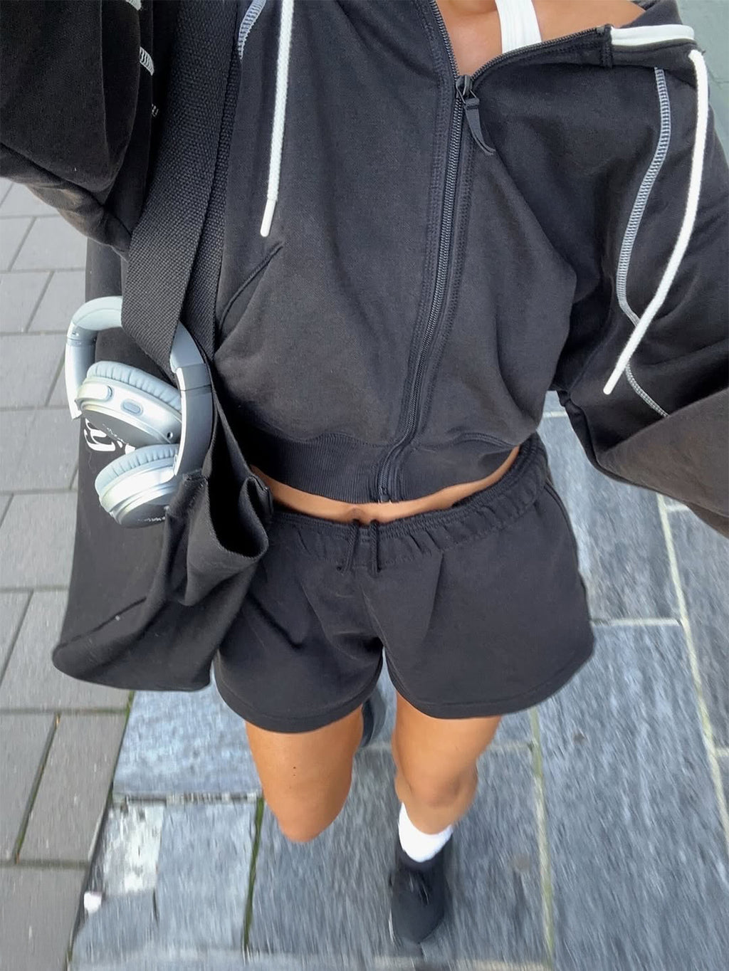 Cropped Zip Up Hoodie With Contrast Piping - Black