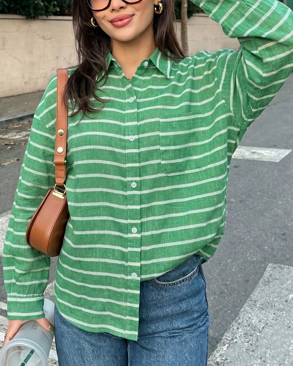 Striped Drop Shoulder Oversized Button Up Shirt - Green
