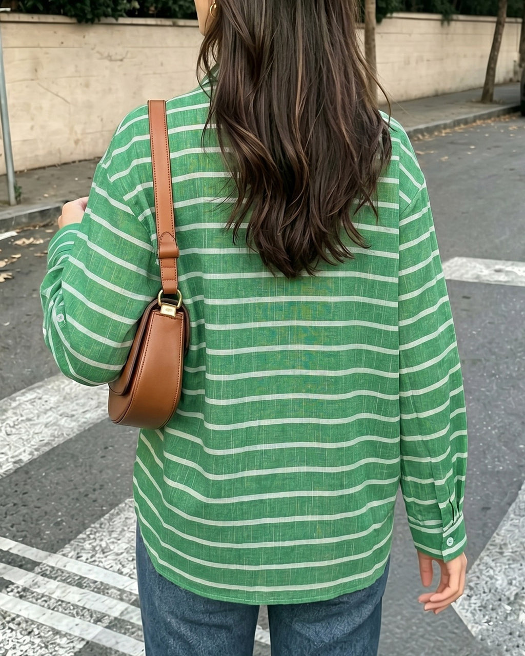 Striped Drop Shoulder Oversized Button Up Shirt - Green - 2