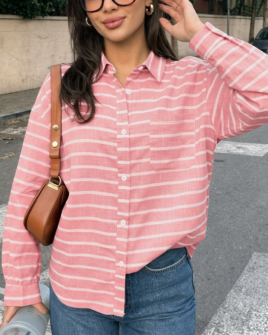 Striped Drop Shoulder Oversized Button Up Shirt - Pink
