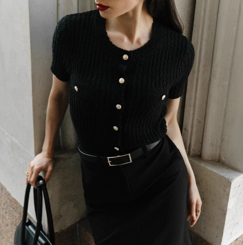 Boucle Knit Pocket Front Short Sleeve Top - Black