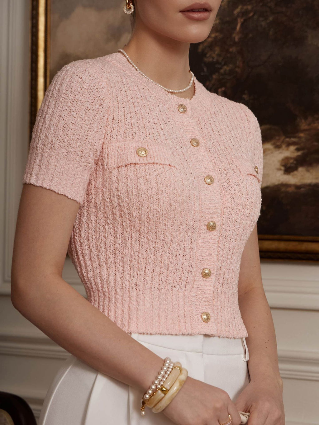 Boucle Knit Pocket Front Short Sleeve Top - Pink
