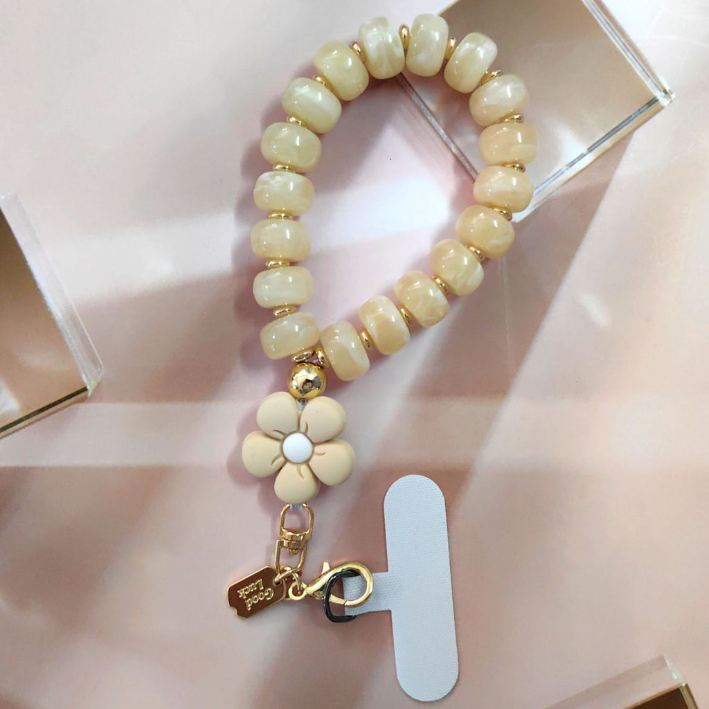 Chunky Beaded Phone Wrist Lanyard with Flower Charm - Beige