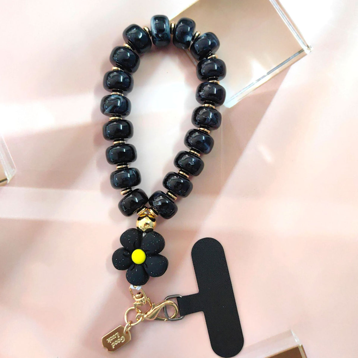 Chunky Beaded Phone Wrist Lanyard with Flower Charm - Black