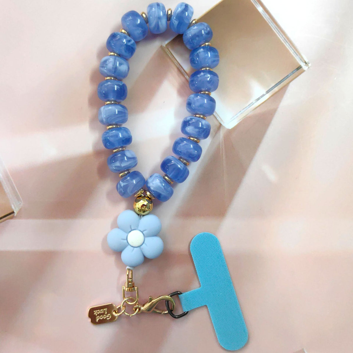 Chunky Beaded Phone Wrist Lanyard with Flower Charm - Blue