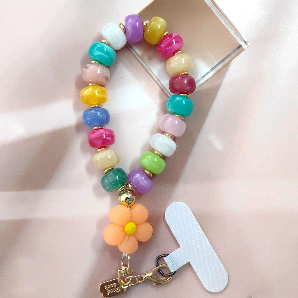 Chunky Beaded Phone Wrist Lanyard with Flower Charm - Colorful