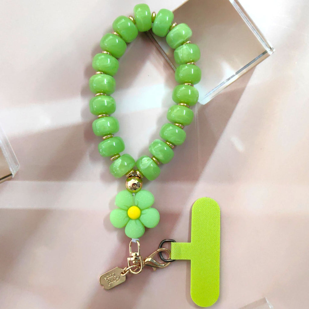 Chunky Beaded Phone Wrist Lanyard with Flower Charm - Green