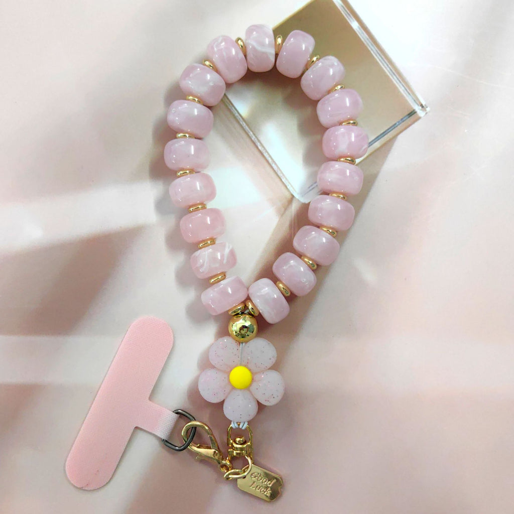 Chunky Beaded Phone Wrist Lanyard with Flower Charm - Pink