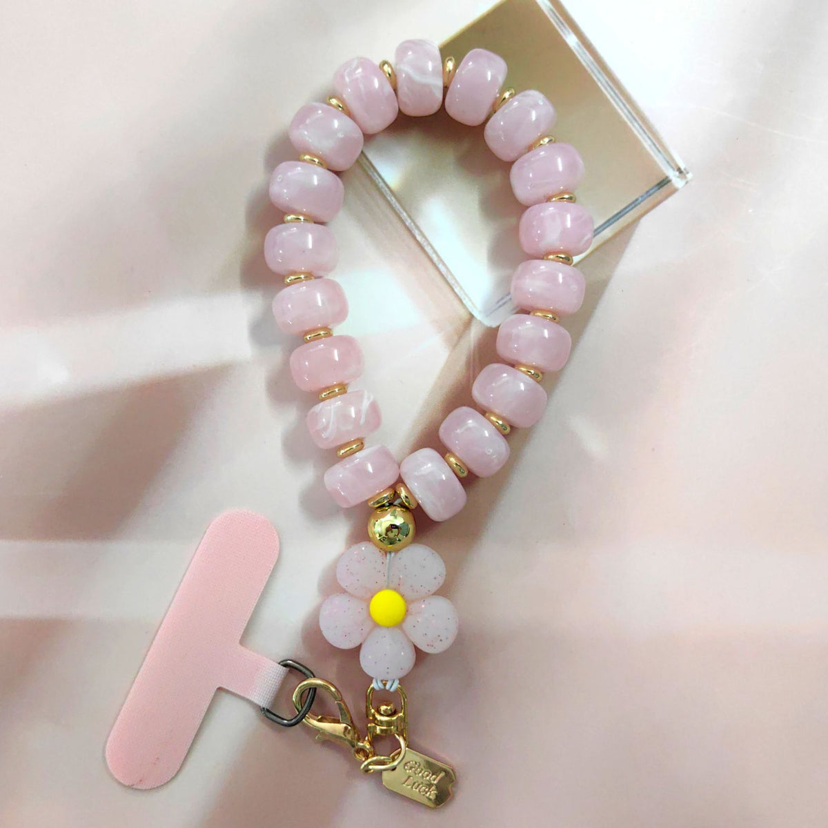 Chunky Beaded Phone Wrist Lanyard with Flower Charm - Pink
