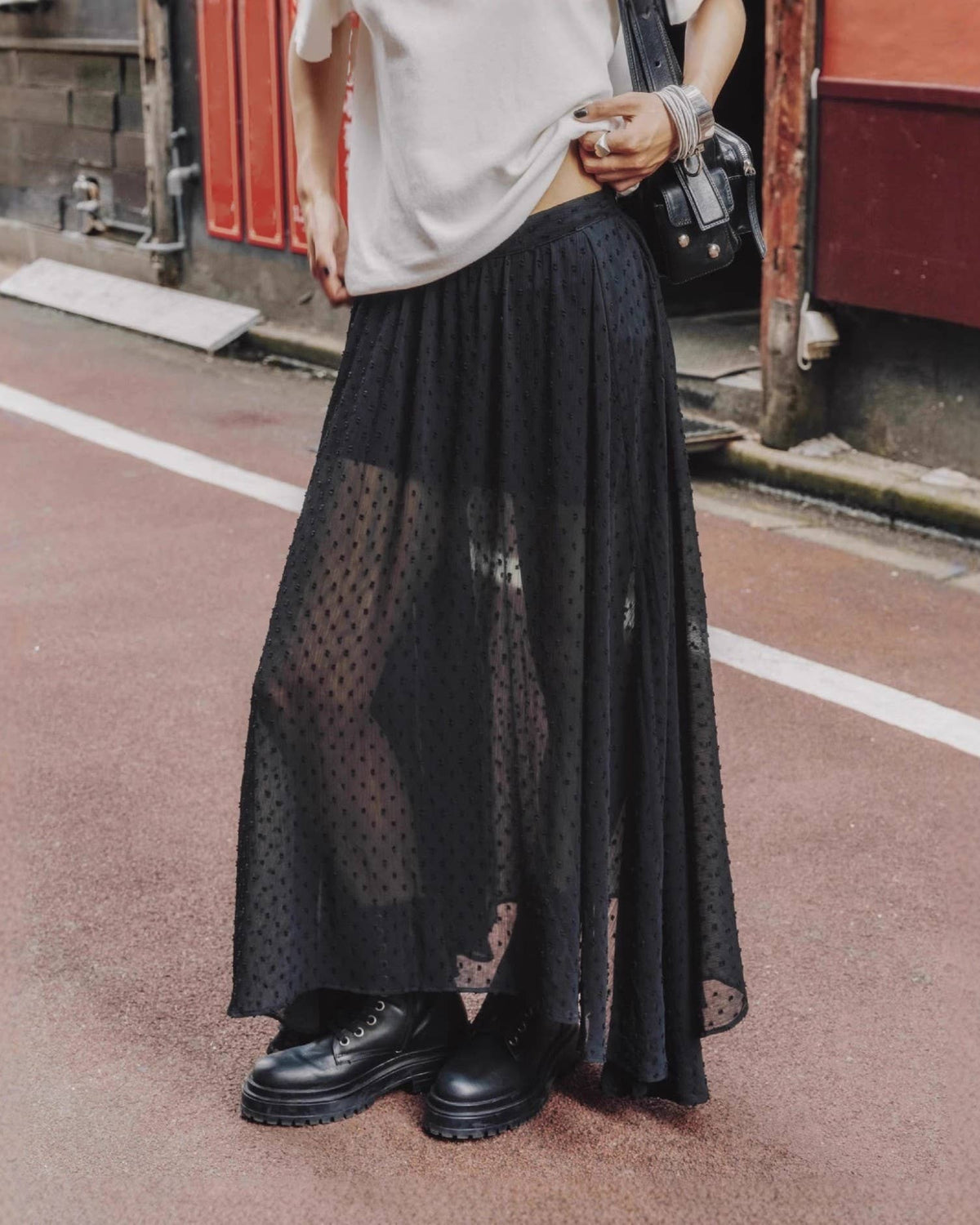 Sheer Dotted Mesh A-Line Maxi Skirt