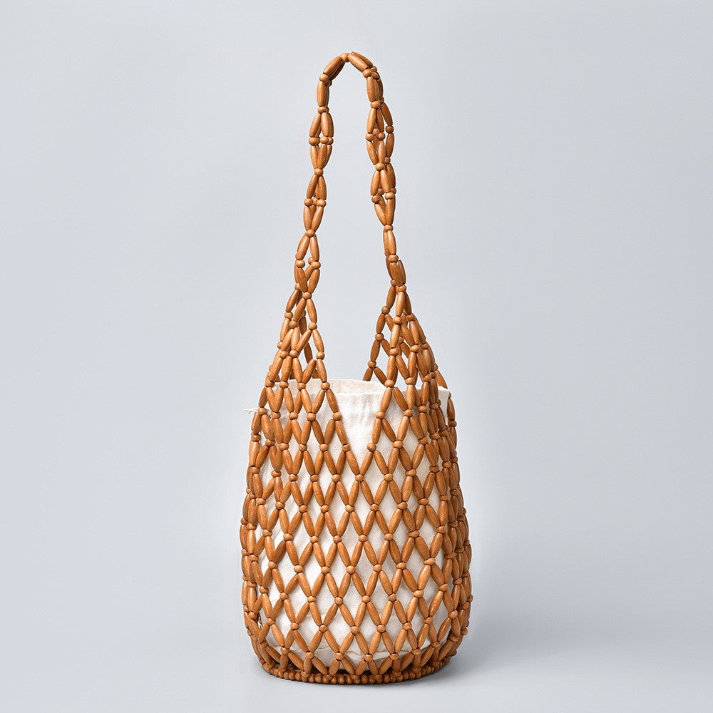 Handwoven Wooden Bead Bucket Bag - Brown