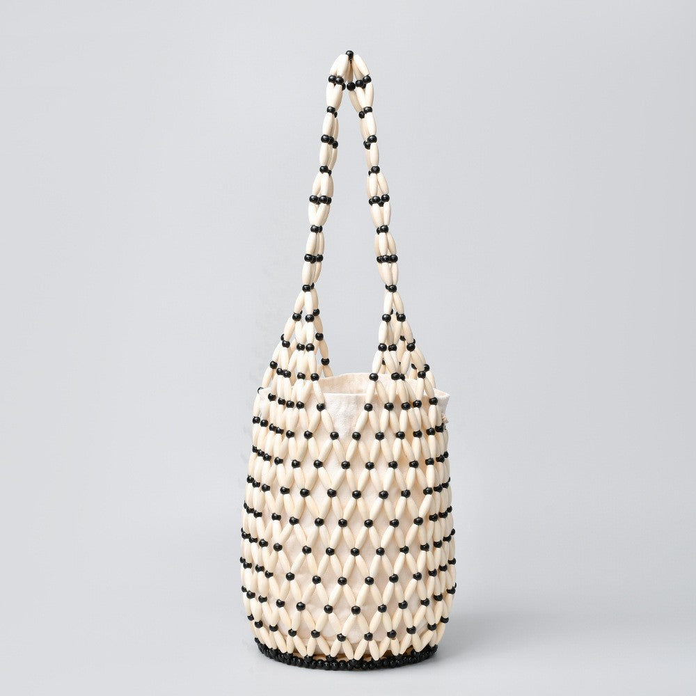 Handwoven Wooden Bead Bucket Bag - Ivory