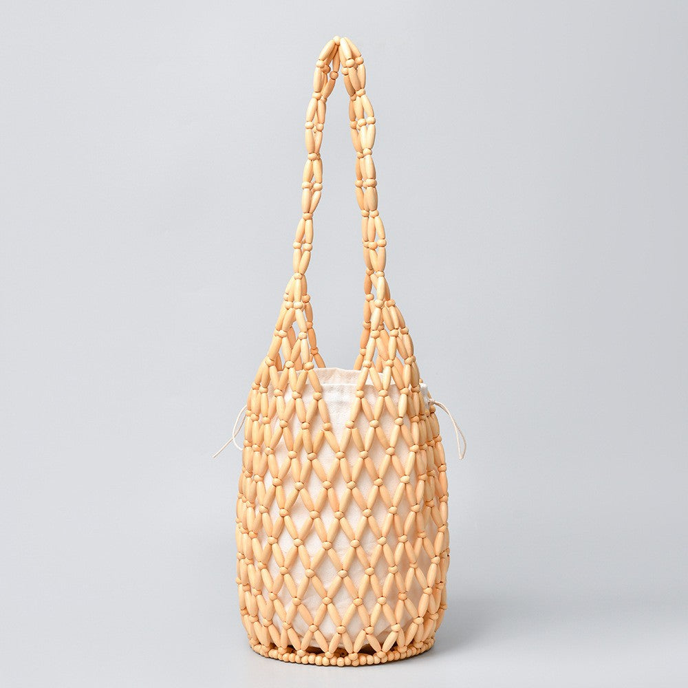 Handwoven Wooden Bead Bucket Bag - Natural
