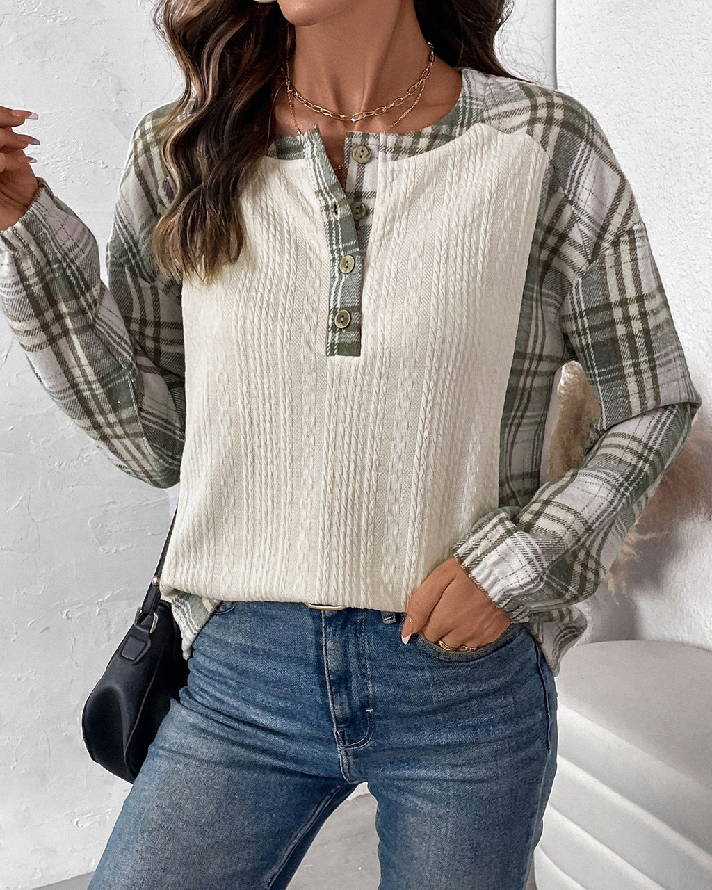 Plaid Contrast Panel Waffle Henley Sweatshirt - Beige