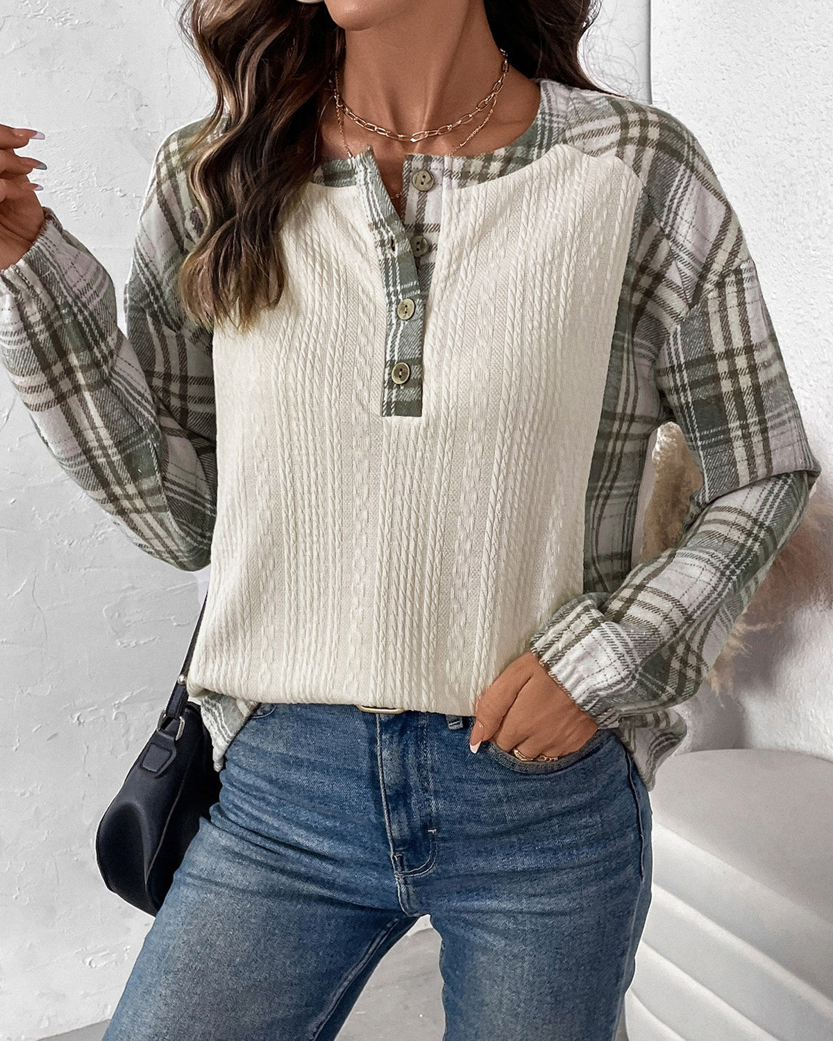 Plaid Contrast Panel Waffle Henley Sweatshirt - Beige