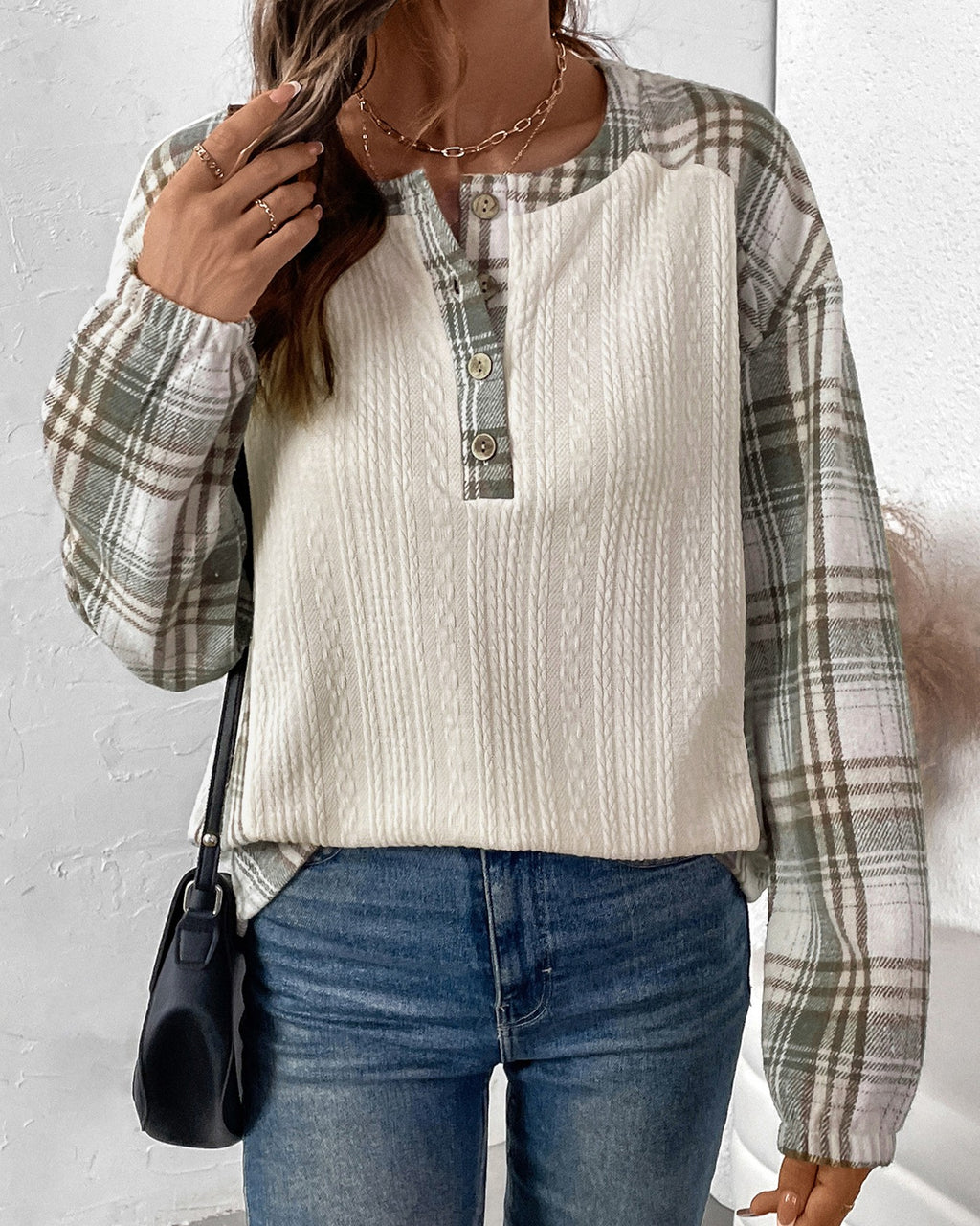 Plaid Contrast Panel Waffle Henley Sweatshirt - Beige - 1
