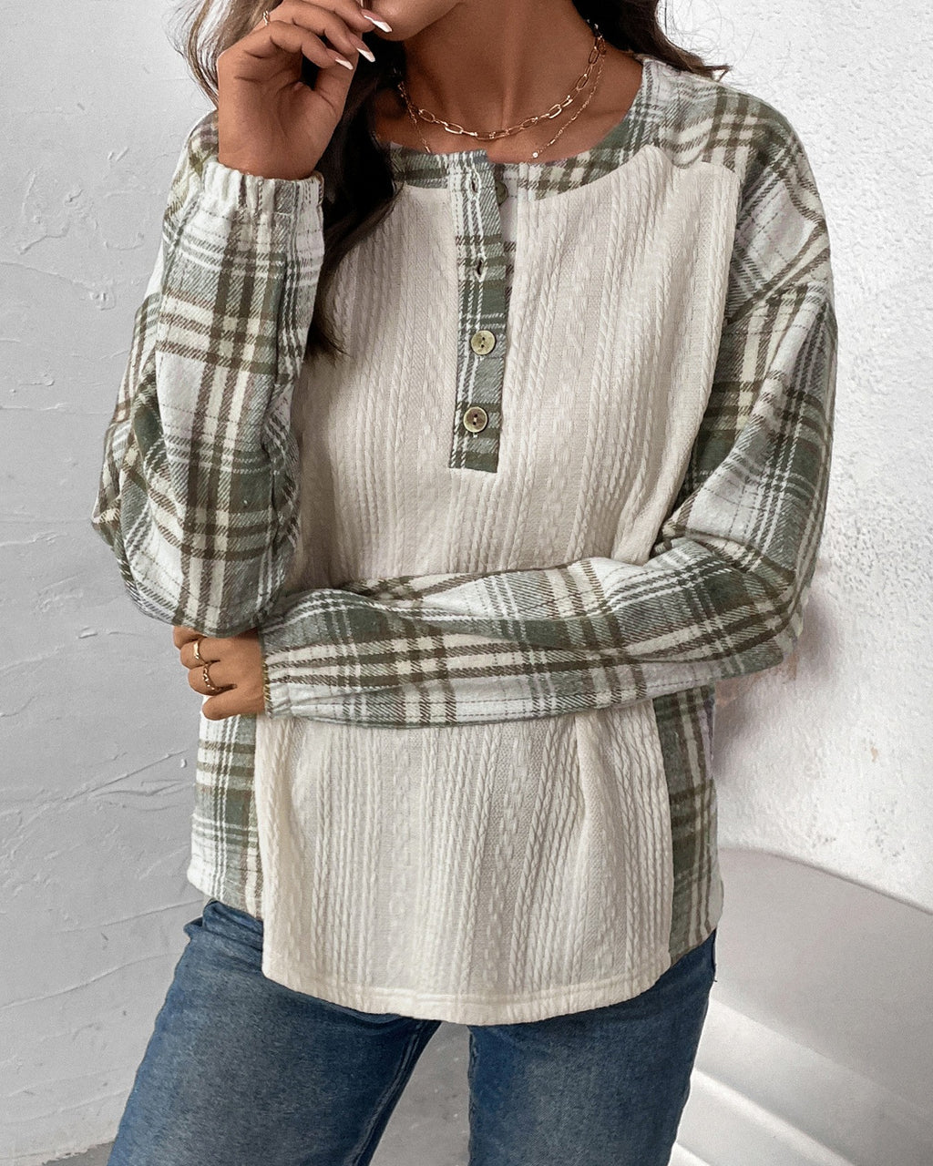 Plaid Contrast Panel Waffle Henley Sweatshirt - Beige - 2