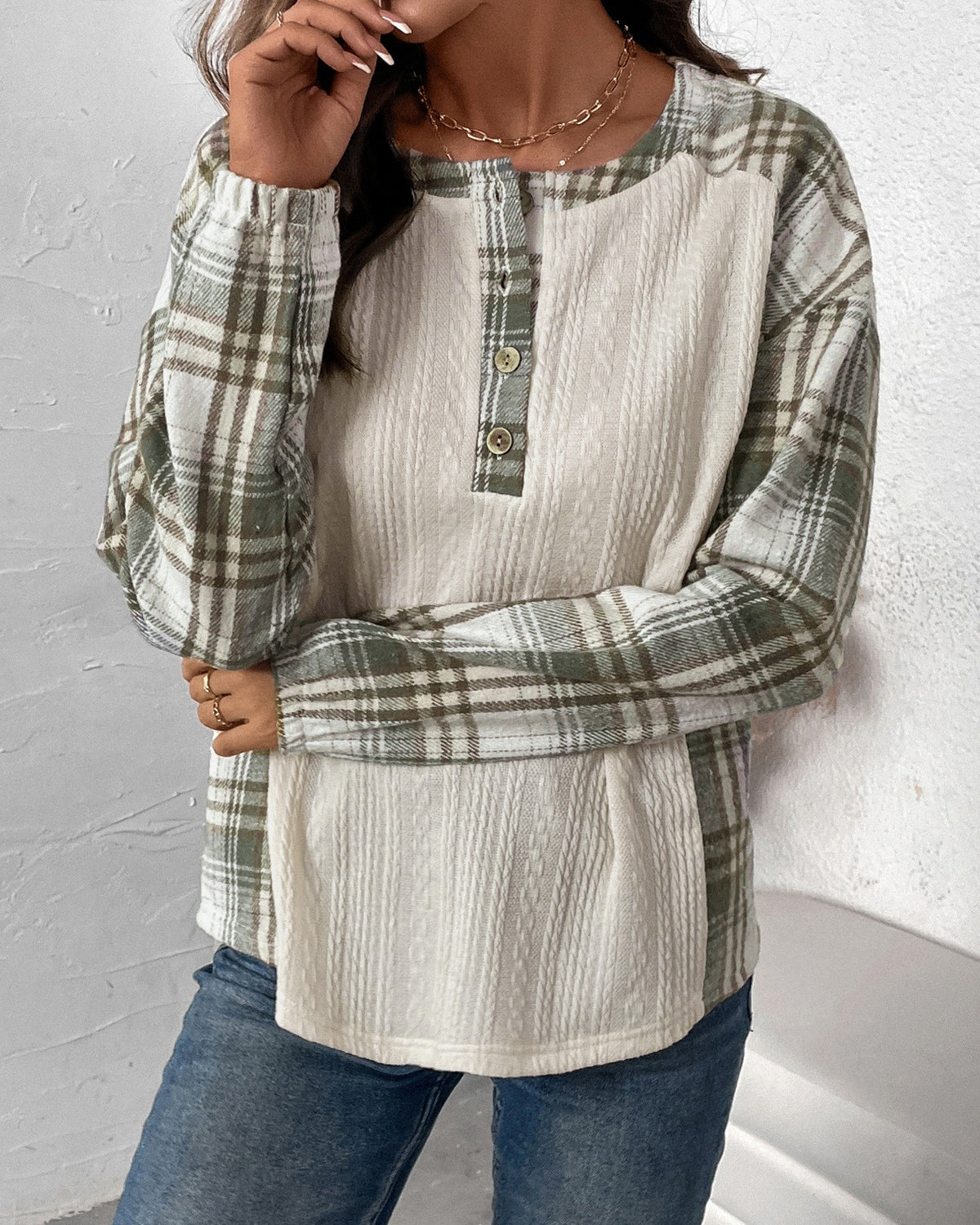 Plaid Contrast Panel Waffle Henley Sweatshirt - Beige - 2