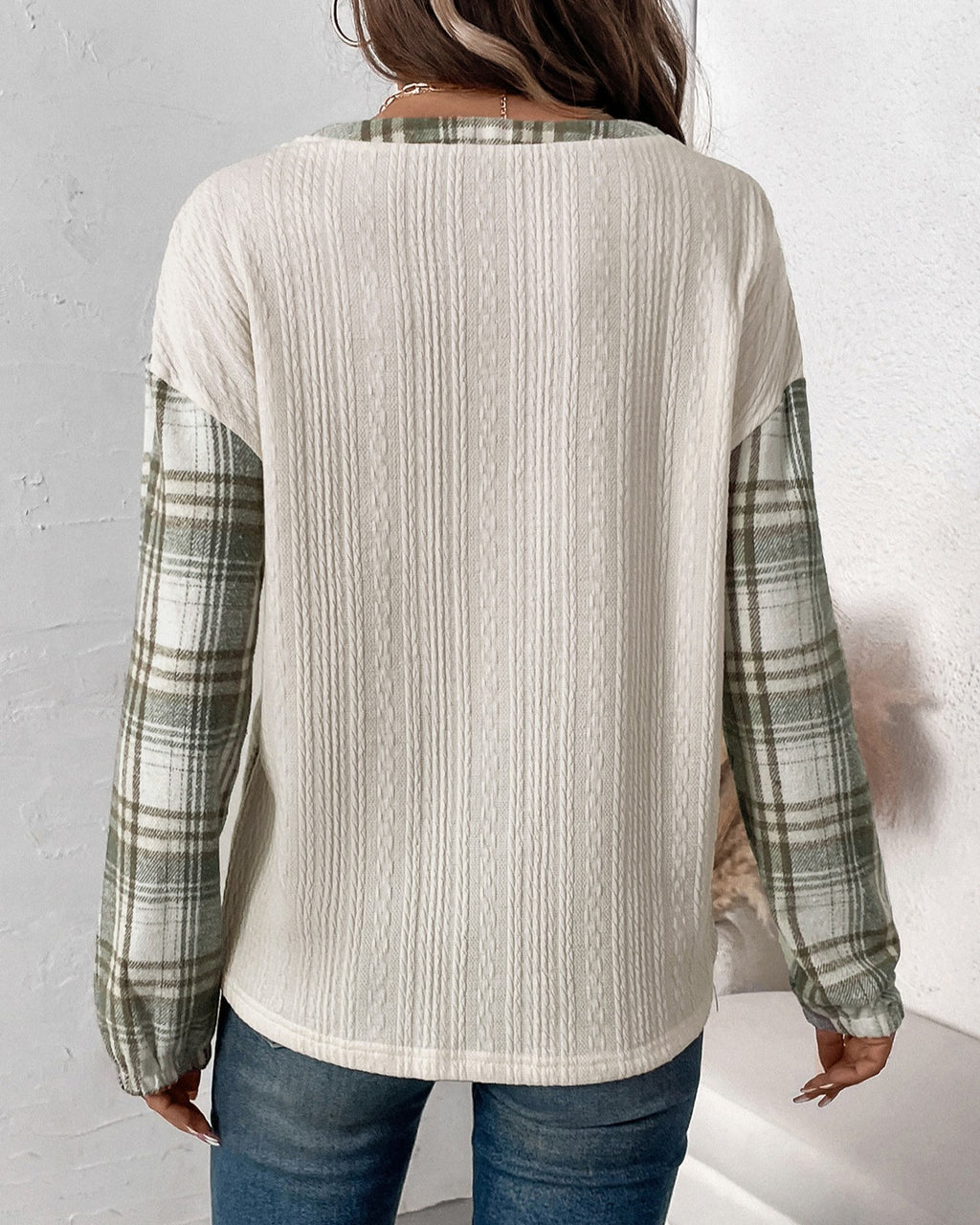 Plaid Contrast Panel Waffle Henley Sweatshirt - Beige - 3