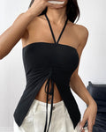 Halter Neck Ruched Split Hem Top - Black