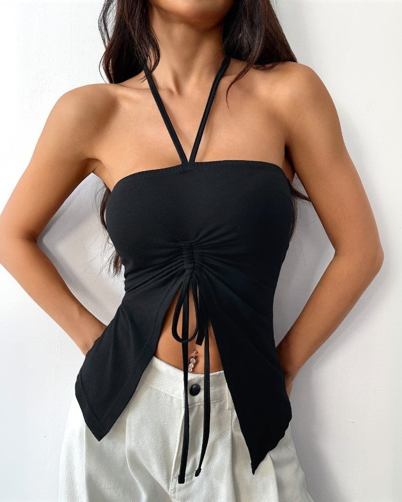 Halter Neck Ruched Split Hem Top - Black - 1