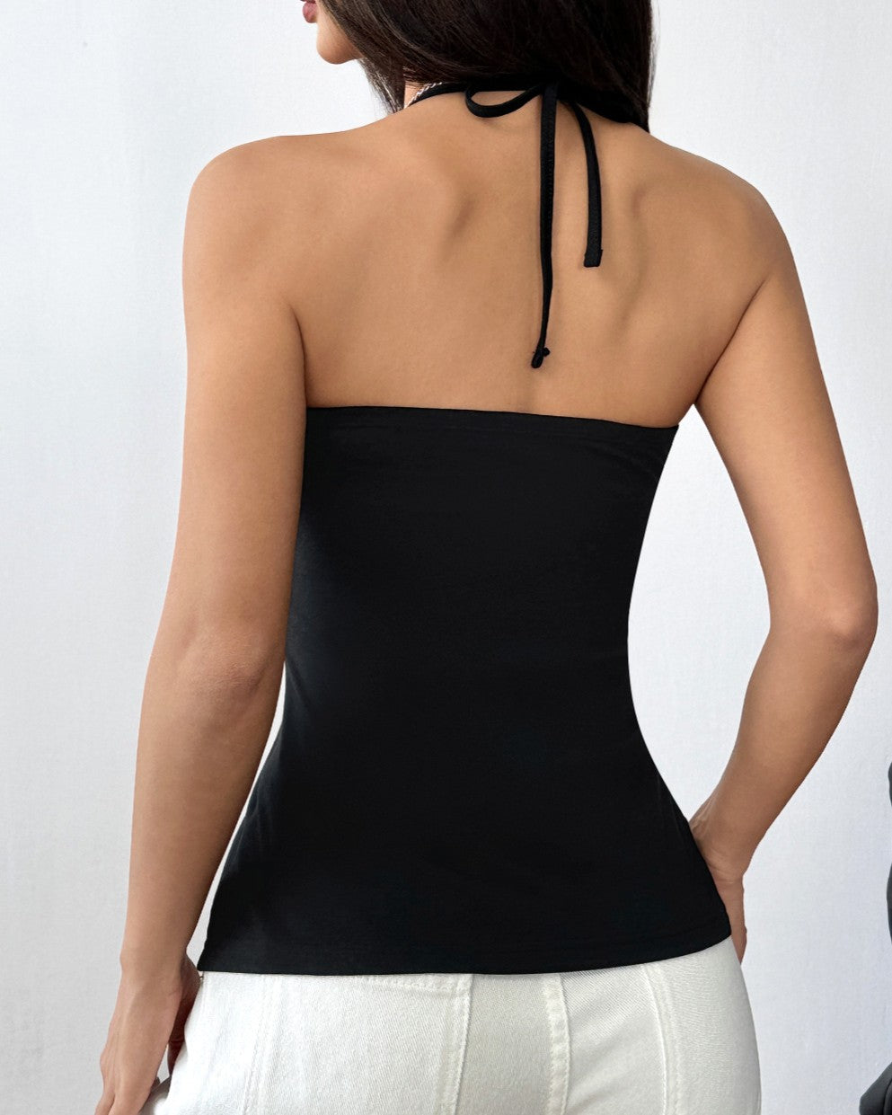 Halter Neck Ruched Split Hem Top - Black - 2