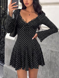 Polka Dot Mini Dress With Fluted Sleeves - Black