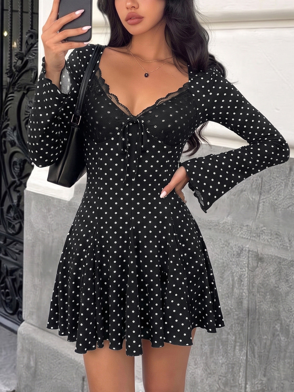 Polka Dot Mini Dress With Fluted Sleeves - Black