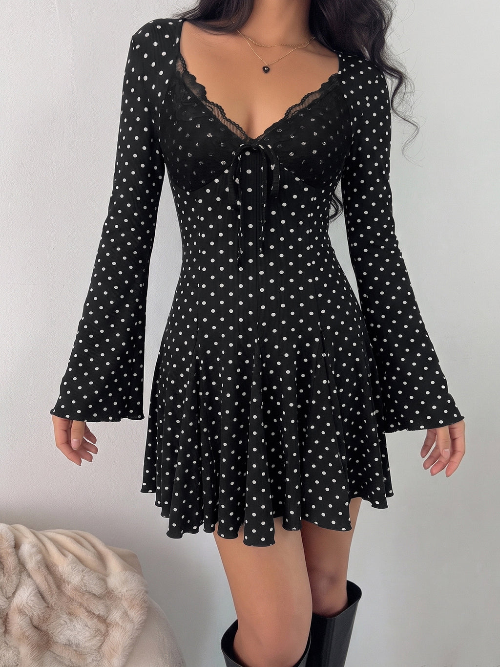 Polka Dot Mini Dress With Fluted Sleeves - Black - 1