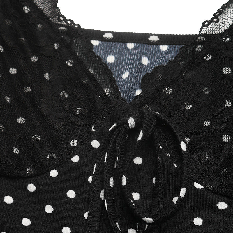 Polka Dot Mini Dress With Fluted Sleeves - Black - 2