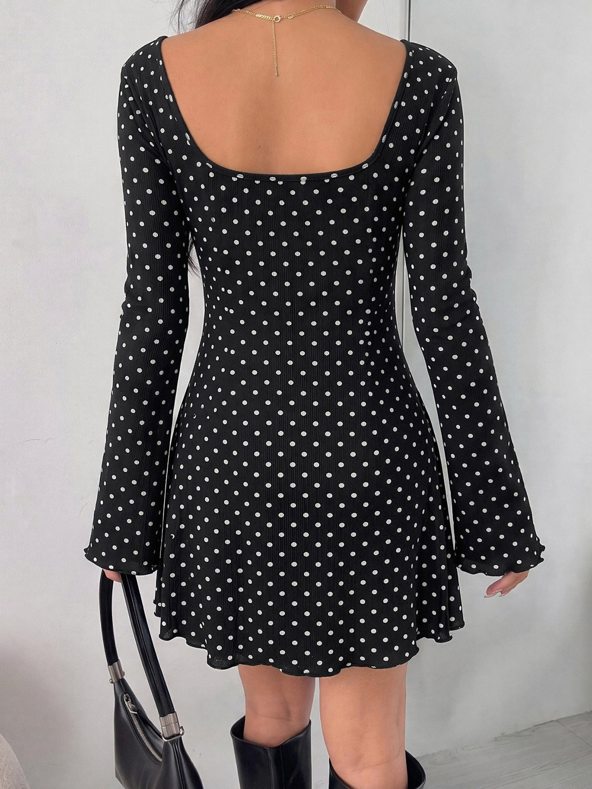 Polka Dot Mini Dress With Fluted Sleeves - Black - 4