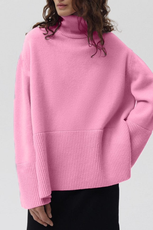 Slouchy Turtleneck Wide Cuff Knit Sweater - Pink