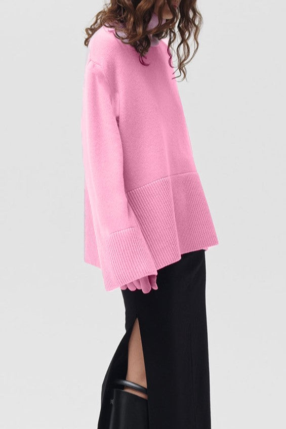 Slouchy Turtleneck Wide Cuff Knit Sweater - Pink - 1