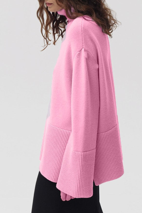 Slouchy Turtleneck Wide Cuff Knit Sweater - Pink - 2