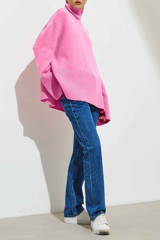 Slouchy Turtleneck Wide Cuff Knit Sweater - Pink - 3