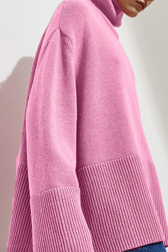 Slouchy Turtleneck Wide Cuff Knit Sweater - Pink - 4