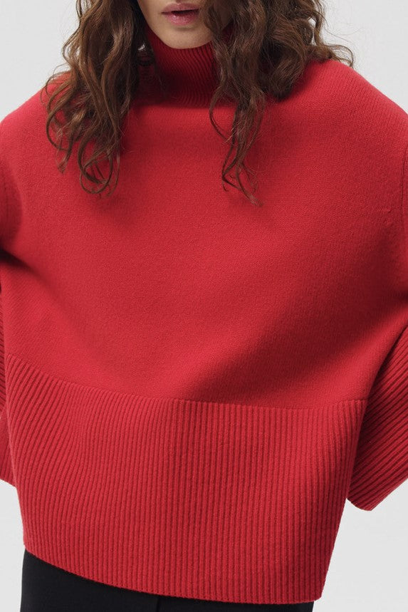 Slouchy Turtleneck Wide Cuff Knit Sweater - Red