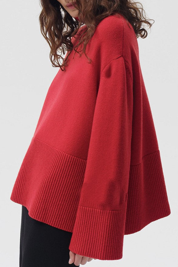 Slouchy Turtleneck Wide Cuff Knit Sweater - Red - 1