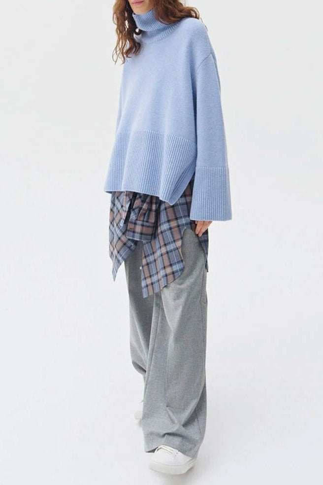 Slouchy Turtleneck Wide Cuff Knit Sweater - Sky