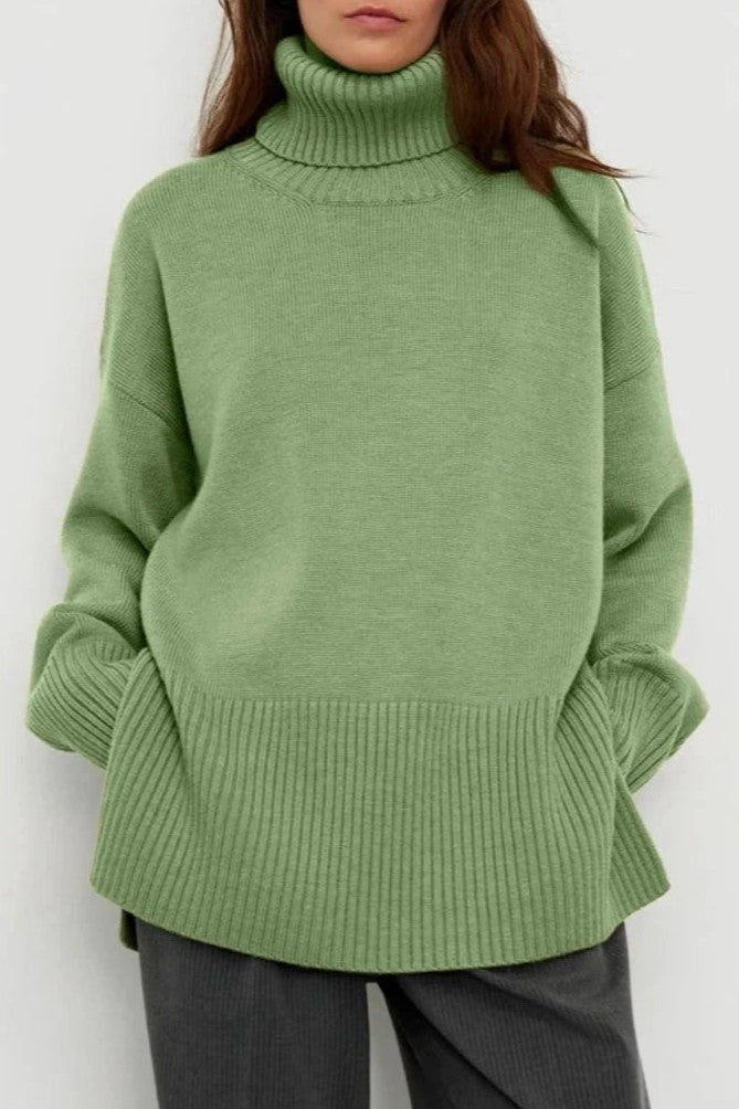 Slouchy Turtleneck Wide Cuff Knit Sweater - green