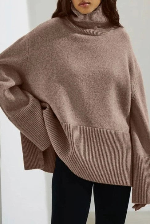 Slouchy Turtleneck Wide Cuff Knit Sweater - taupe