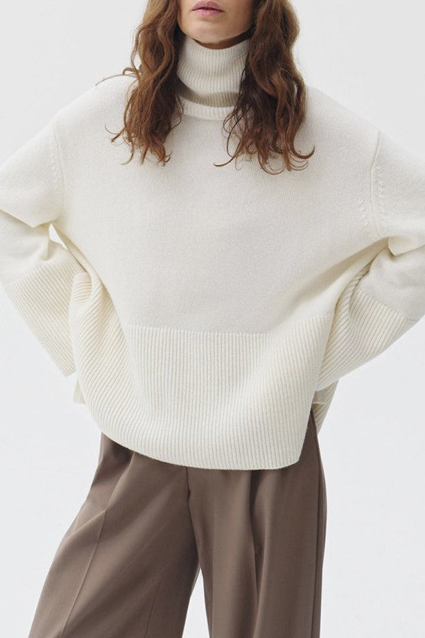 Slouchy Turtleneck Wide Cuff Knit Sweater - white - 1