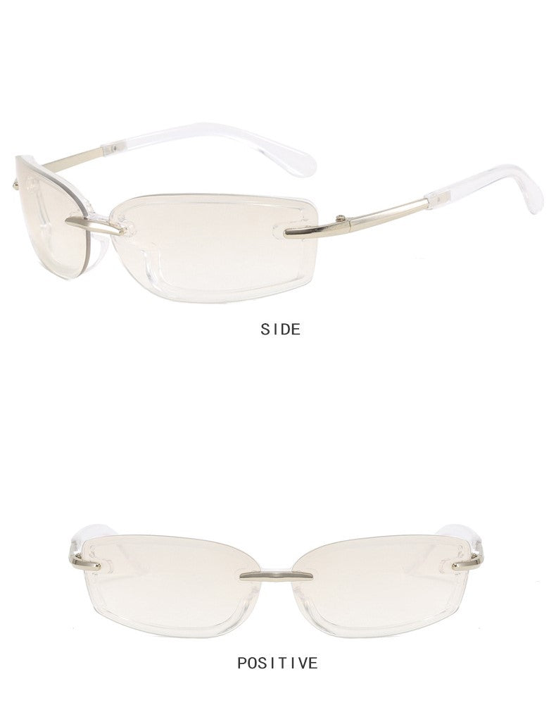 Rimless Rectangle Frame Y2K Sunglasses - White - 1