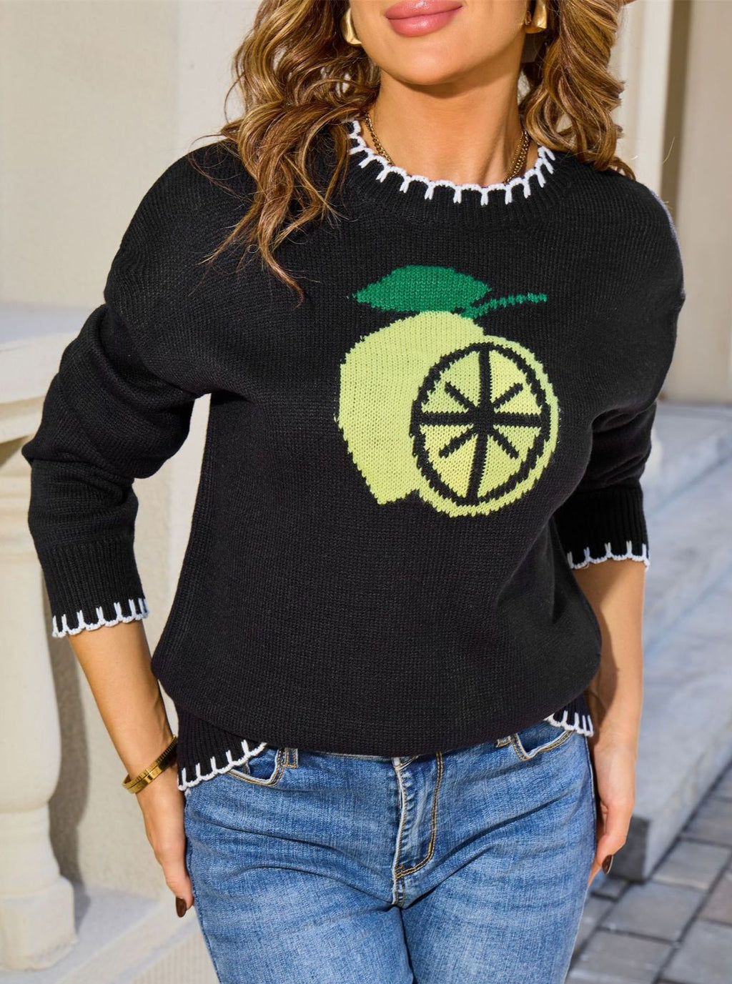 Lemon Motif Whipstitch Trim Knit Sweater - Black